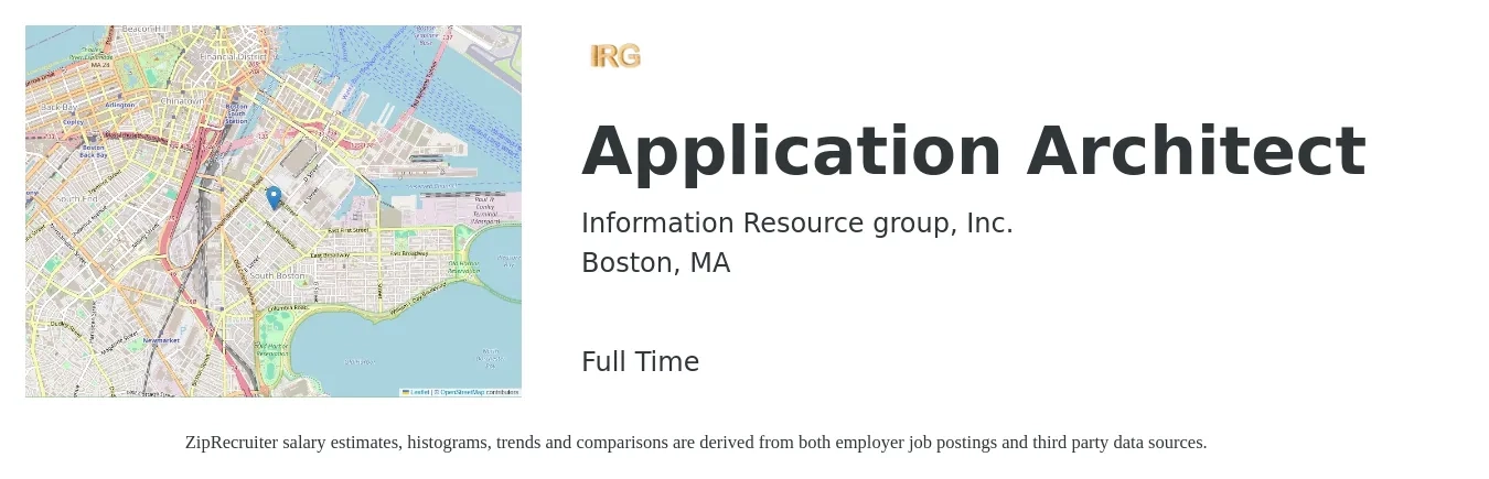 Information Resource group, Inc. job posting for a Application Architect in Boston, MA with a salary of $69 to $89 Hourly with a map of Boston location.