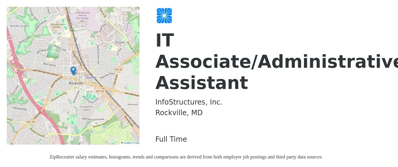 InfoStructures, Inc. job posting for a IT Associate/Administrative Assistant in Rockville, MD with a salary of $20 to $29 Hourly with a map of Rockville location.