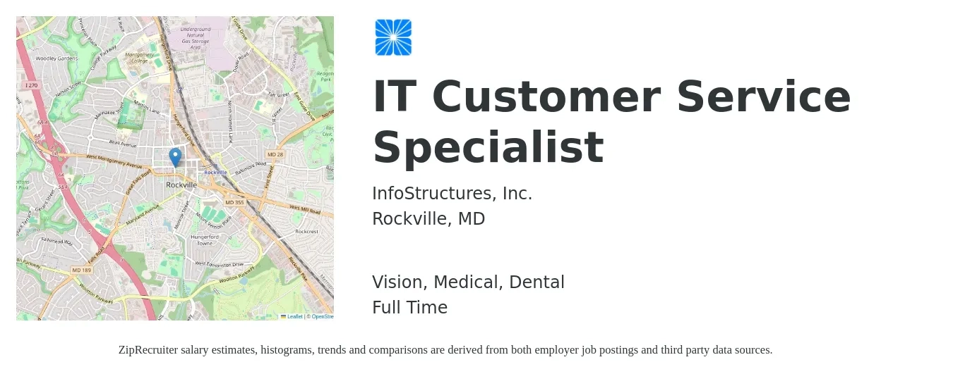 InfoStructures, Inc. job posting for a IT Customer Service Specialist in Rockville, MD with a salary of $19 to $27 Hourly and benefits including medical, retirement, vision, and dental with a map of Rockville location.