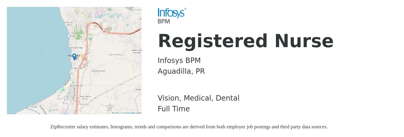 Infosys BPM job posting for a Registered Nurse in Aguadilla, PR with a salary of $29 to $46 Hourly and benefits including dental, life_insurance, medical, retirement, and vision with a map of Aguadilla location.