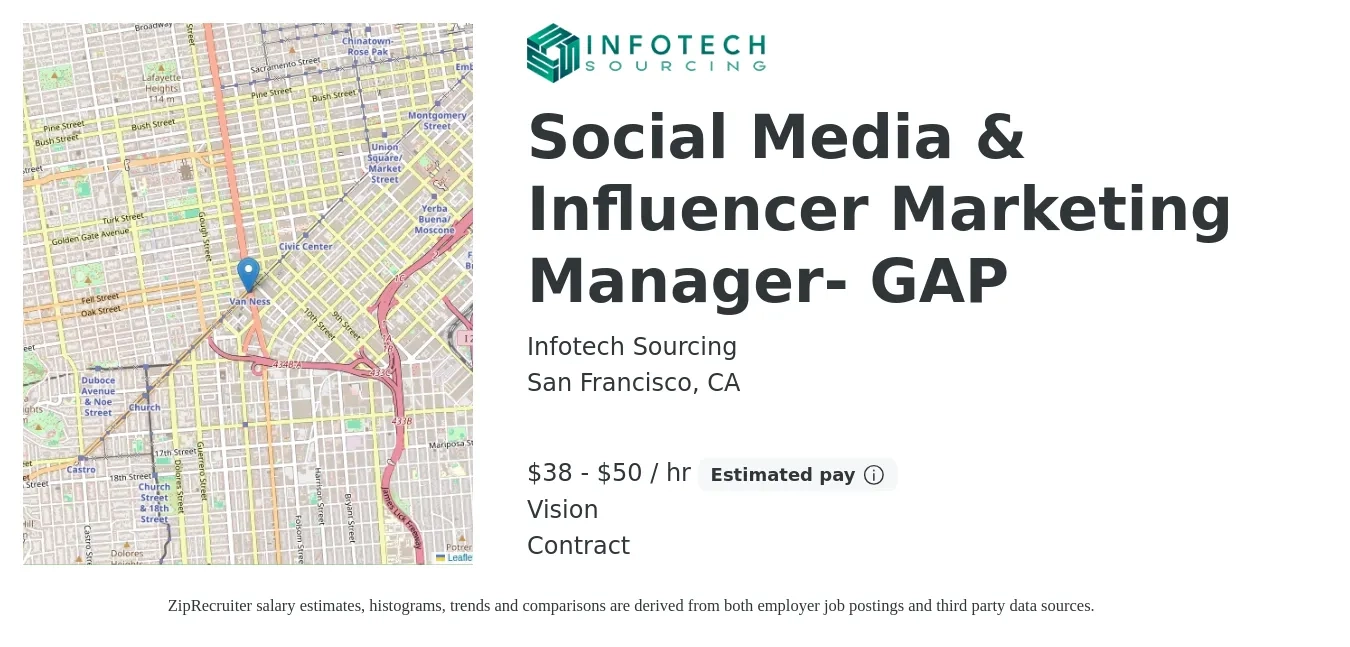 Infotech Sourcing job posting for a Social Media & Influencer Marketing Manager- GAP in San Francisco, CA with a salary of $40 to $52 Hourly and benefits including retirement, and vision with a map of San Francisco location.