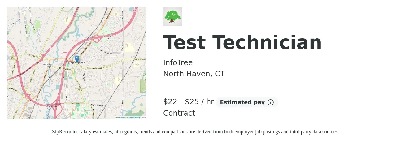 InfoTree job posting for a Test Technician in North Haven, CT with a salary of $23 to $26 Hourly with a map of North Haven location.