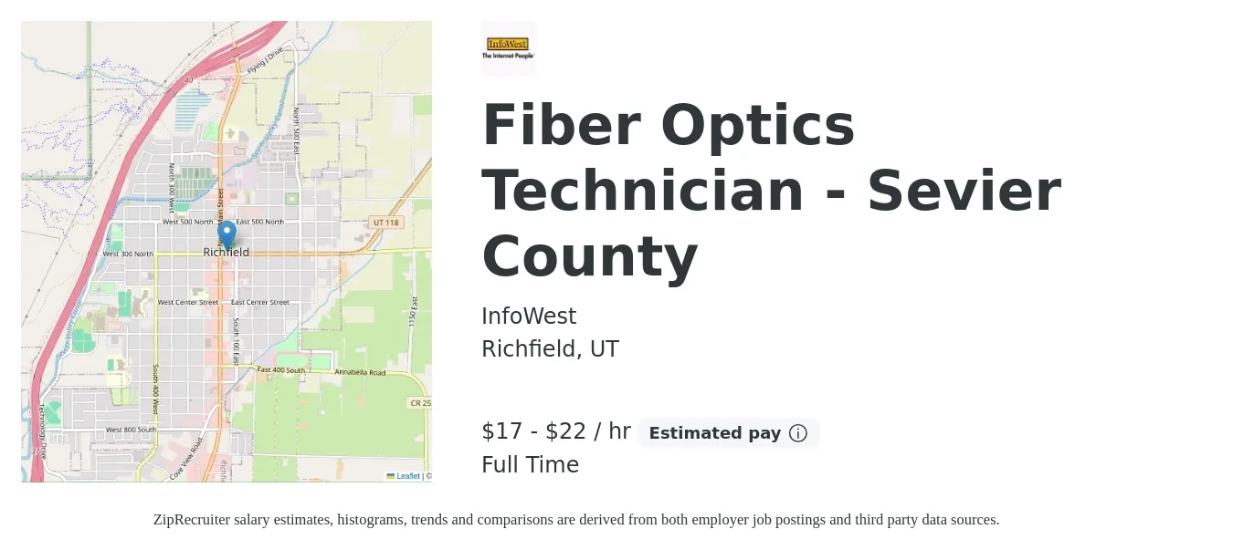 InfoWest job posting for a Fiber Optics Technician - Sevier County in Richfield, UT with a salary of $18 to $23 Hourly with a map of Richfield location.