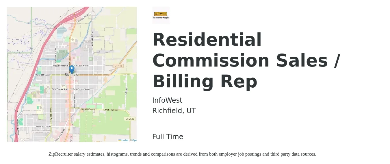 InfoWest job posting for a Residential Commission Sales / Billing Rep in Richfield, UT with a salary of $40,000 Yearly with a map of Richfield location.