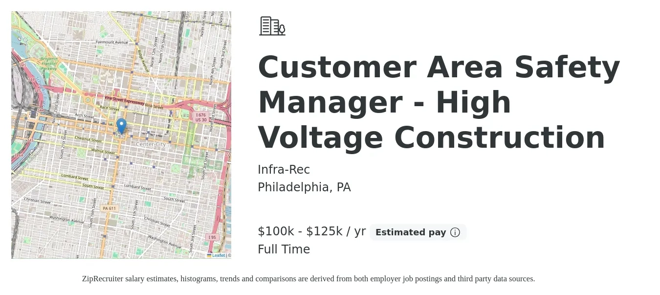 Infra-Rec job posting for a Customer Area Safety Manager - High Voltage Construction in Philadelphia, PA with a salary of $100,000 to $125,000 Yearly with a map of Philadelphia location.