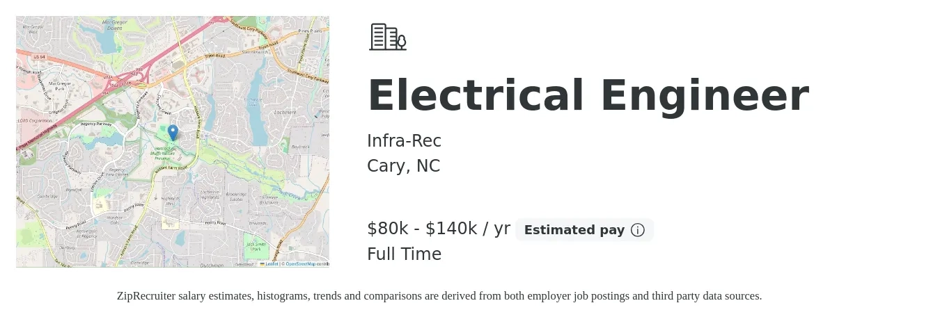 Infra-Rec job posting for a Electrical Engineer in Cary, NC with a salary of $80,000 to $140,000 Yearly with a map of Cary location.