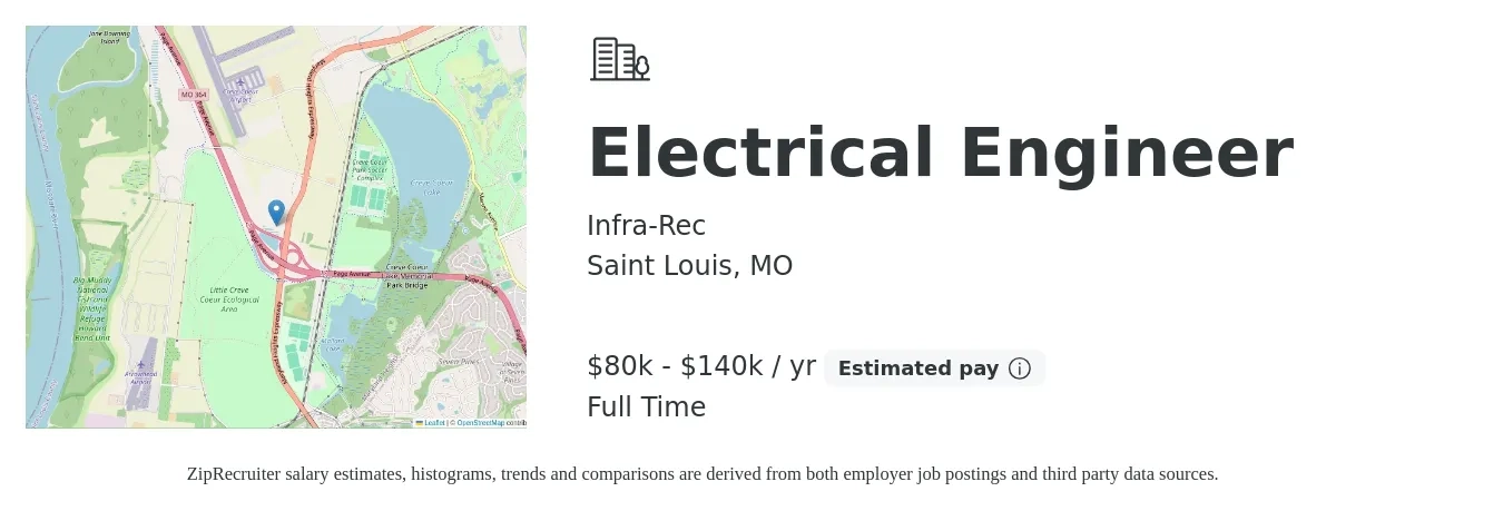 Infra-Rec job posting for a Electrical Engineer in Saint Louis, MO with a salary of $80,000 to $140,000 Yearly with a map of Saint Louis location.