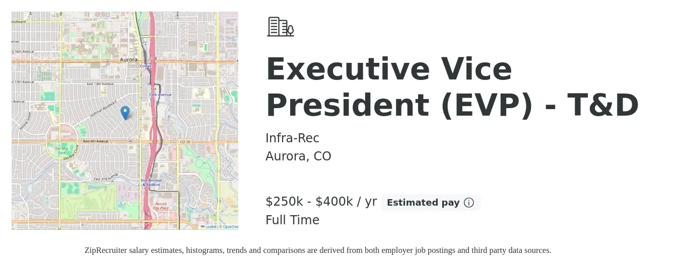 Infra-Rec job posting for a Executive Vice President (EVP) - T&D in Aurora, CO with a salary of $250,000 to $400,000 Yearly with a map of Aurora location.