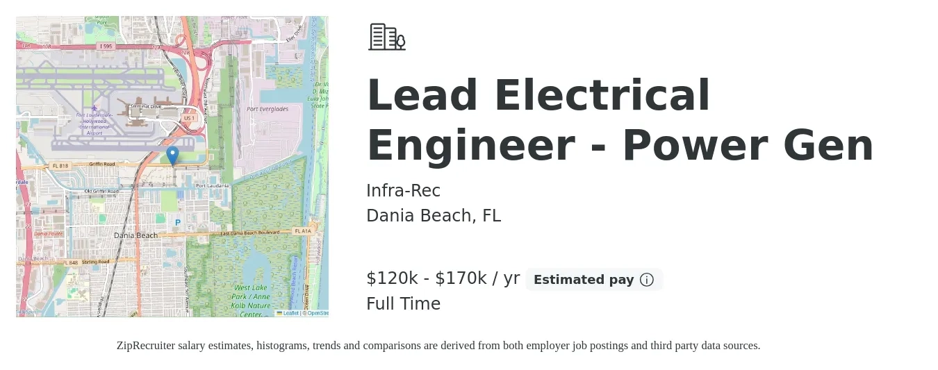 Infra-Rec job posting for a Lead Electrical Engineer - Power Gen in Dania Beach, FL with a salary of $120,000 to $170,000 Yearly with a map of Dania Beach location.