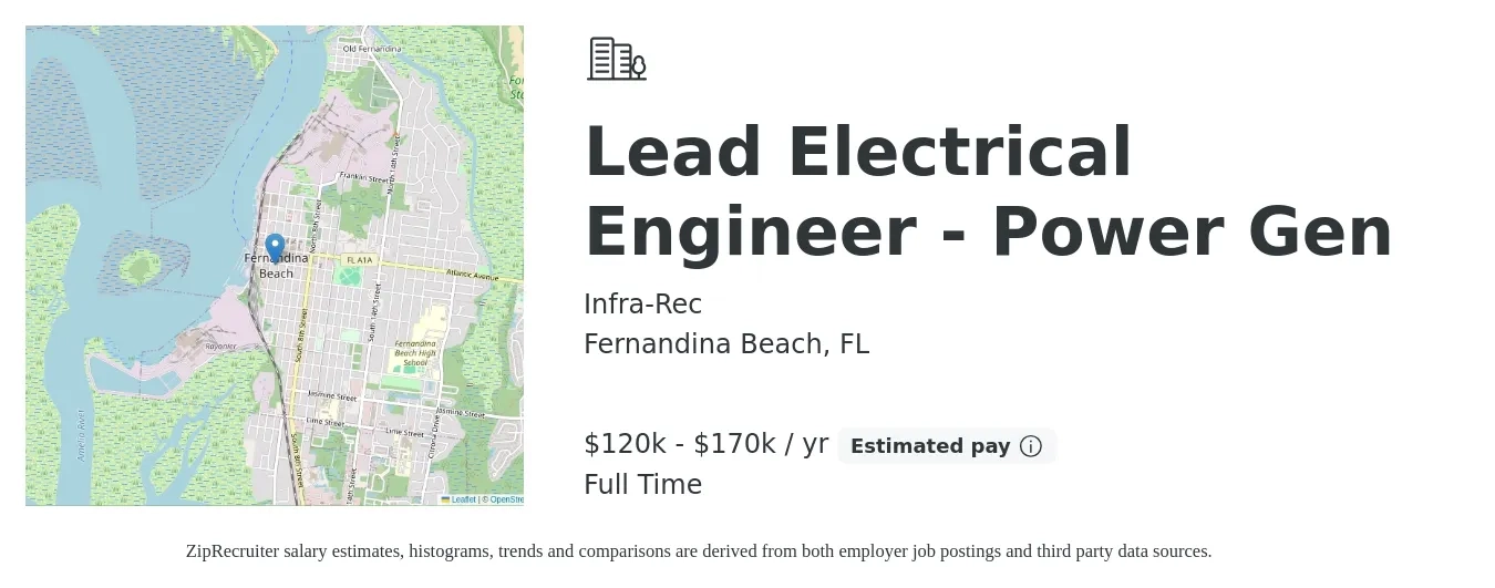 Infra-Rec job posting for a Lead Electrical Engineer - Power Gen in Fernandina Beach, FL with a salary of $120,000 to $170,000 Yearly with a map of Fernandina Beach location.