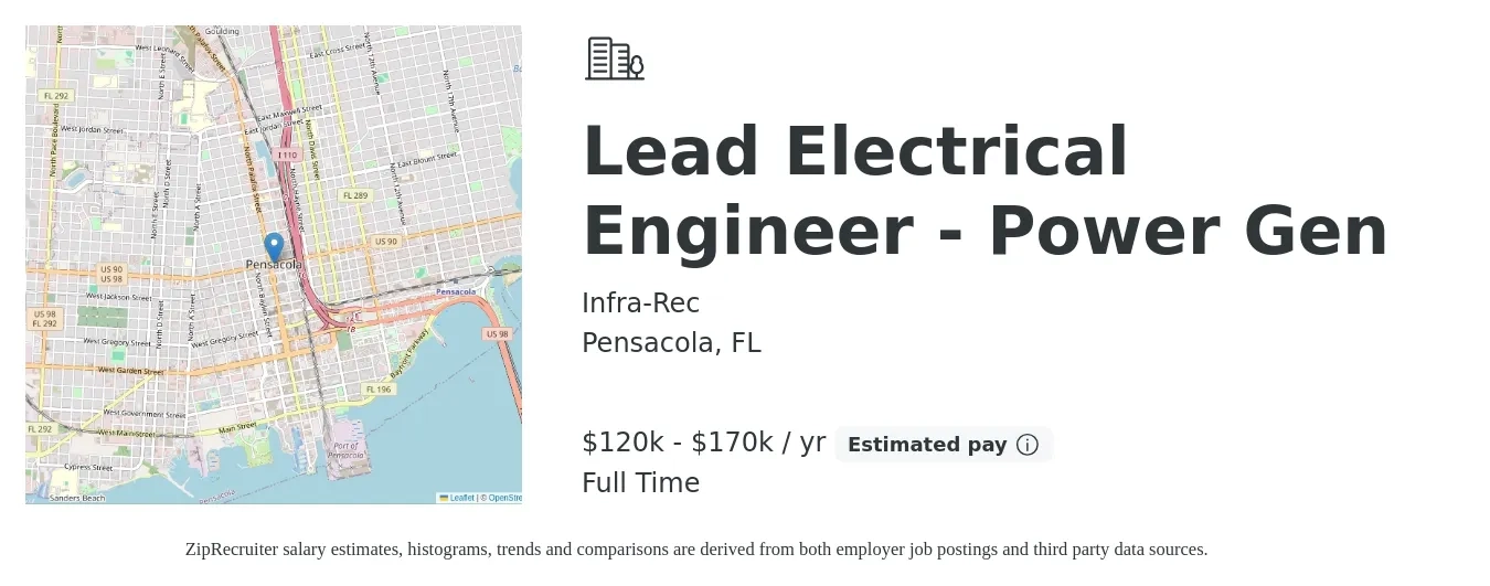 Infra-Rec job posting for a Lead Electrical Engineer - Power Gen in Pensacola, FL with a salary of $120,000 to $170,000 Yearly with a map of Pensacola location.