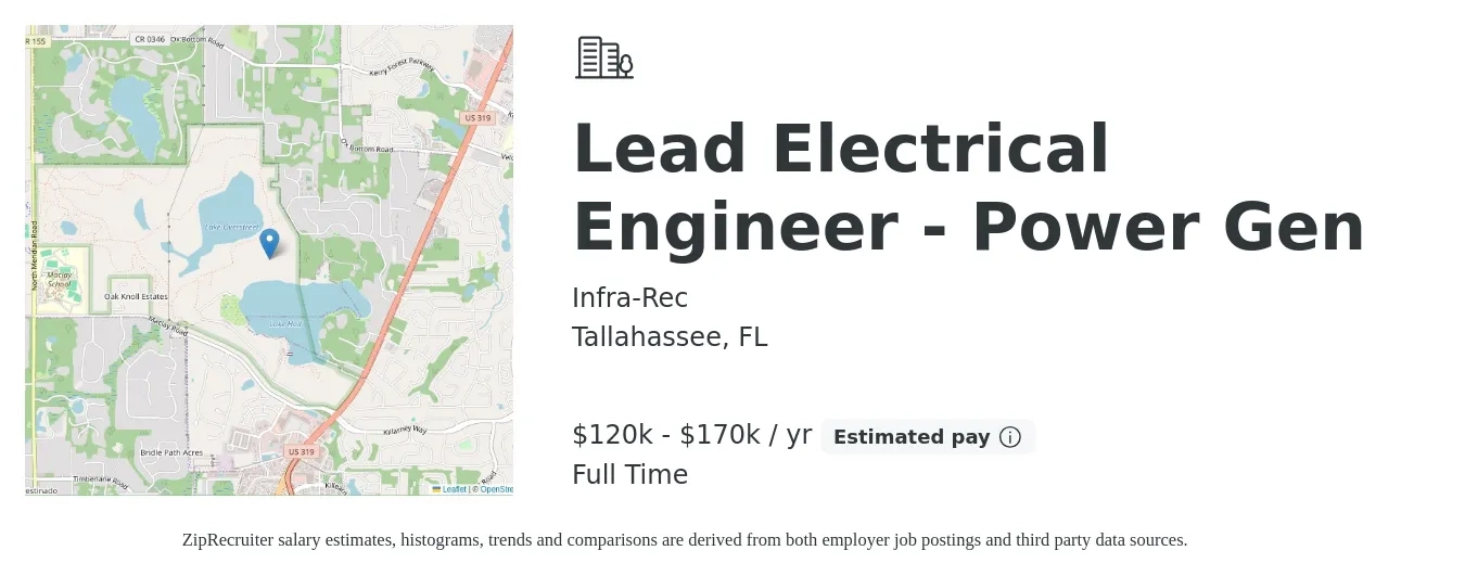 Infra-Rec job posting for a Lead Electrical Engineer - Power Gen in Tallahassee, FL with a salary of $120,000 to $170,000 Yearly with a map of Tallahassee location.