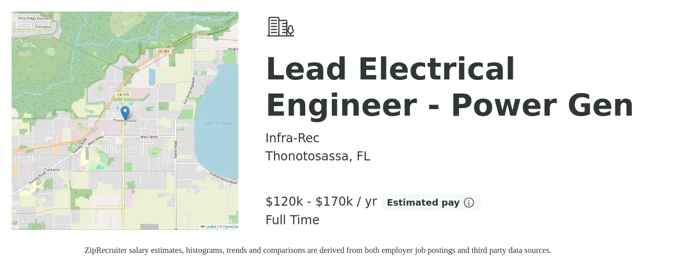 Infra-Rec job posting for a Lead Electrical Engineer - Power Gen in Thonotosassa, FL with a salary of $120,000 to $170,000 Yearly with a map of Thonotosassa location.