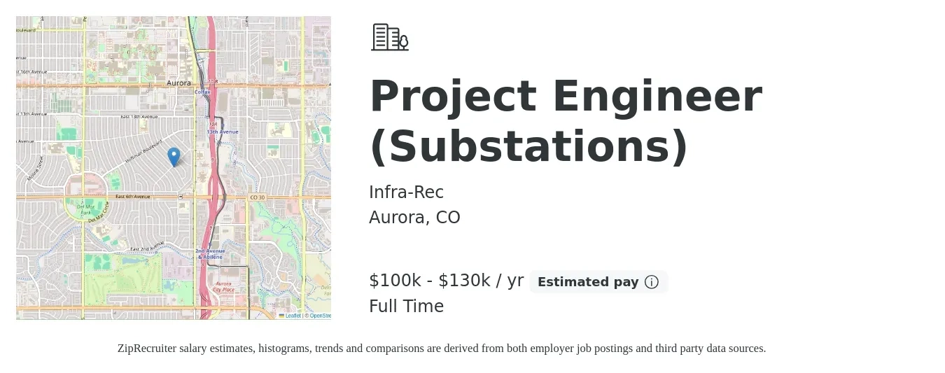 Infra-Rec job posting for a Project Engineer (Substations) in Aurora, CO with a salary of $100,000 to $130,000 Yearly with a map of Aurora location.