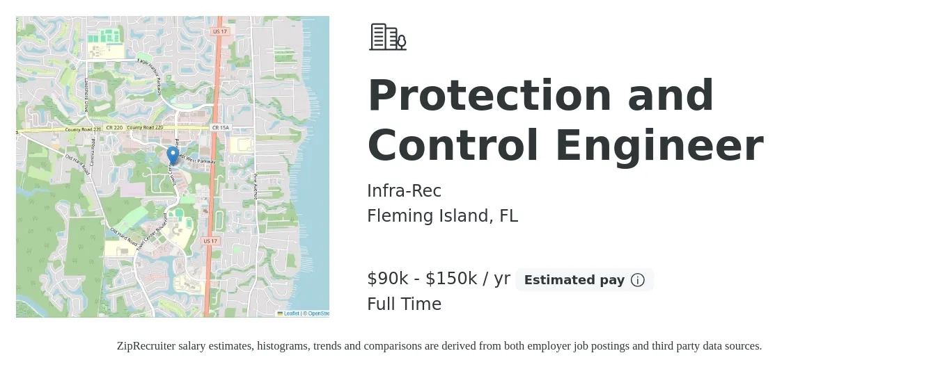 Infra-Rec job posting for a Protection and Control Engineer in Fleming Island, FL with a salary of $90,000 to $150,000 Yearly with a map of Fleming Island location.