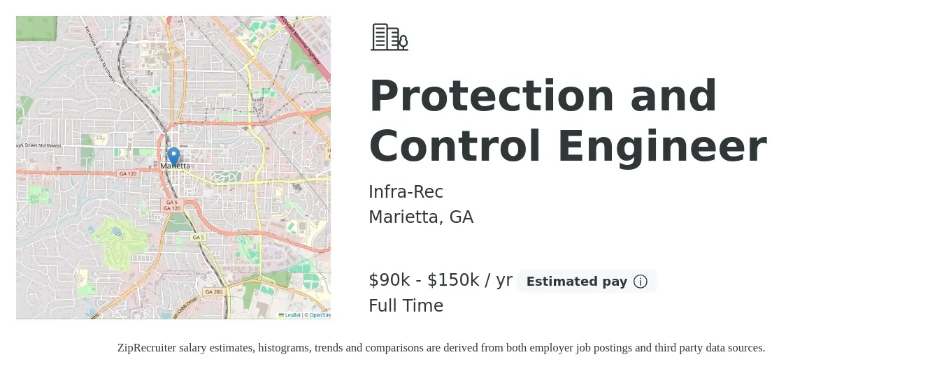 Infra-Rec job posting for a Protection and Control Engineer in Marietta, GA with a salary of $90,000 to $150,000 Yearly with a map of Marietta location.