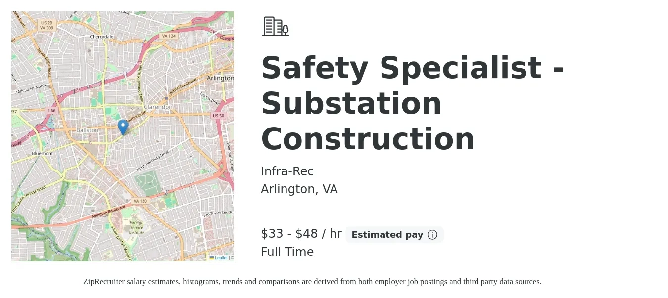 Infra-Rec job posting for a Safety Specialist - Substation Construction in Arlington, VA with a salary of $35 to $50 Hourly with a map of Arlington location.