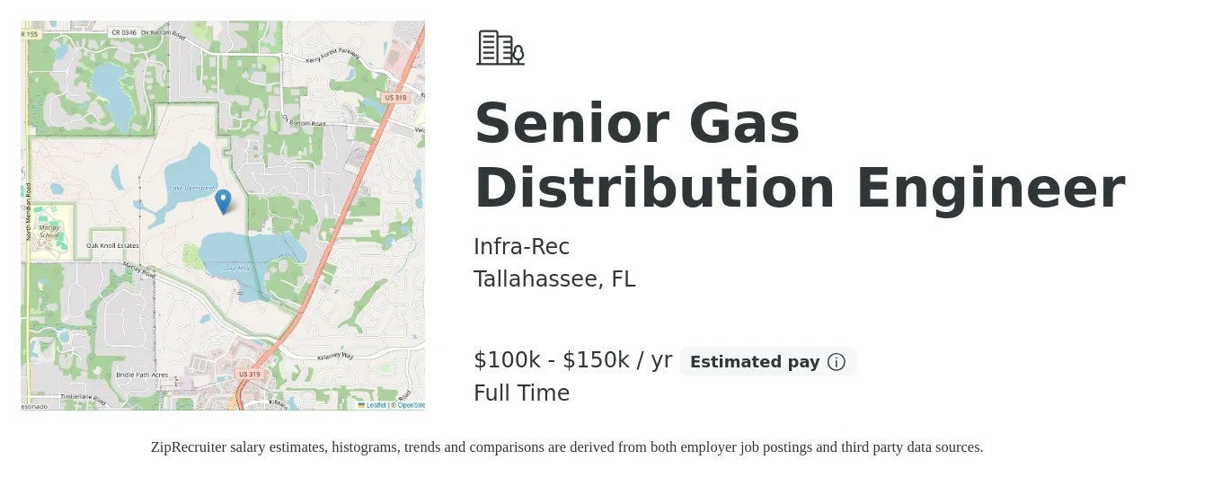 Infra-Rec job posting for a Senior Gas Distribution Engineer in Tallahassee, FL with a salary of $100,000 to $150,000 Yearly with a map of Tallahassee location.
