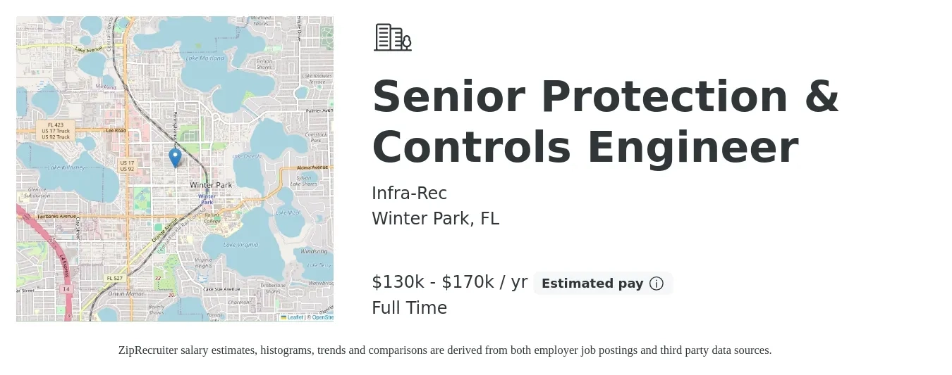 Infra-Rec job posting for a Senior Protection & Controls Engineer in Winter Park, FL with a salary of $130,000 to $170,000 Yearly with a map of Winter Park location.