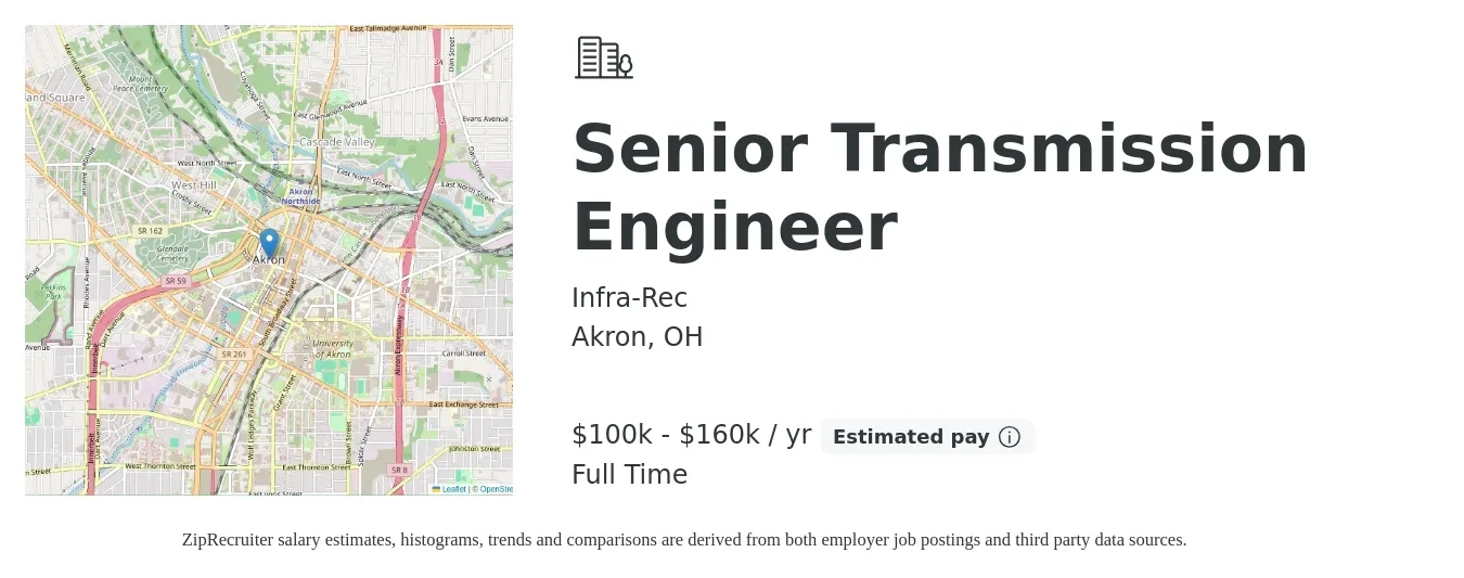 Infra-Rec job posting for a Senior Transmission Engineer in Akron, OH with a salary of $100,000 to $160,000 Yearly with a map of Akron location.