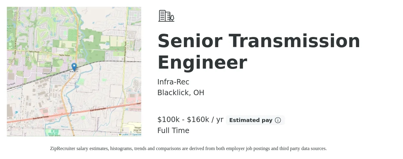 Infra-Rec job posting for a Senior Transmission Engineer in Blacklick, OH with a salary of $100,000 to $160,000 Yearly with a map of Blacklick location.