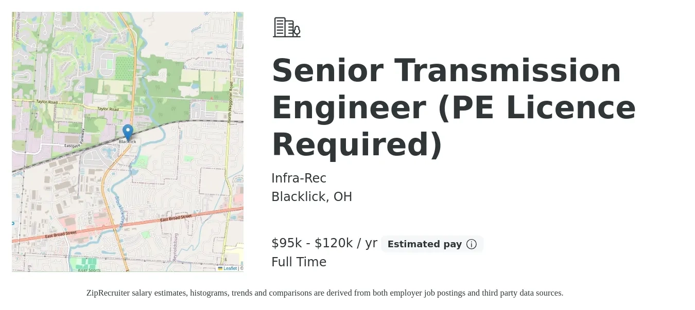 Infra-Rec job posting for a Senior Transmission Engineer (PE Licence Required) in Blacklick, OH with a salary of $95,000 to $120,000 Yearly with a map of Blacklick location.