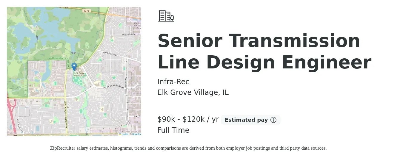 Infra-Rec job posting for a Senior Transmission Line Design Engineer in Elk Grove Village, IL with a salary of $90,000 to $120,000 Yearly with a map of Elk Grove Village location.