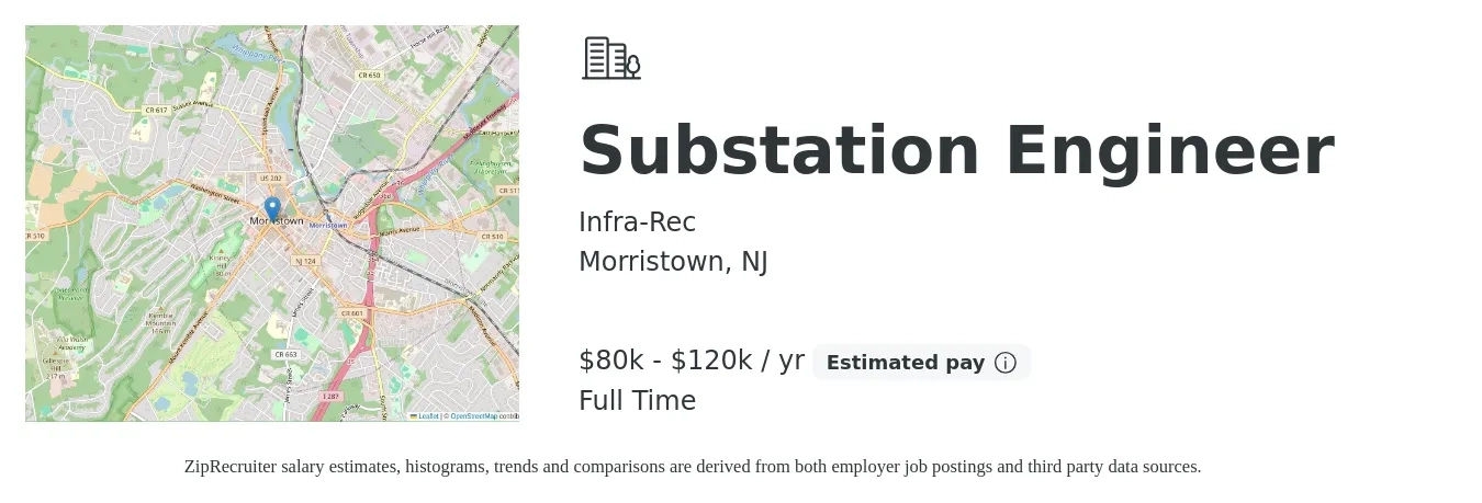 Infra-Rec job posting for a Substation Engineer in Morristown, NJ with a salary of $80,000 to $120,000 Yearly with a map of Morristown location.