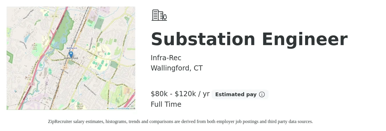 Infra-Rec job posting for a Substation Engineer in Wallingford, CT with a salary of $80,000 to $120,000 Yearly with a map of Wallingford location.