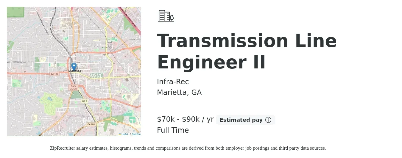 Infra-Rec job posting for a Transmission Line Engineer II in Marietta, GA with a salary of $70,000 to $90,000 Yearly with a map of Marietta location.