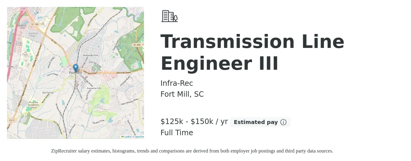 Infra-Rec job posting for a Transmission Line Engineer III in Fort Mill, SC with a salary of $125,000 to $150,000 Yearly with a map of Fort Mill location.