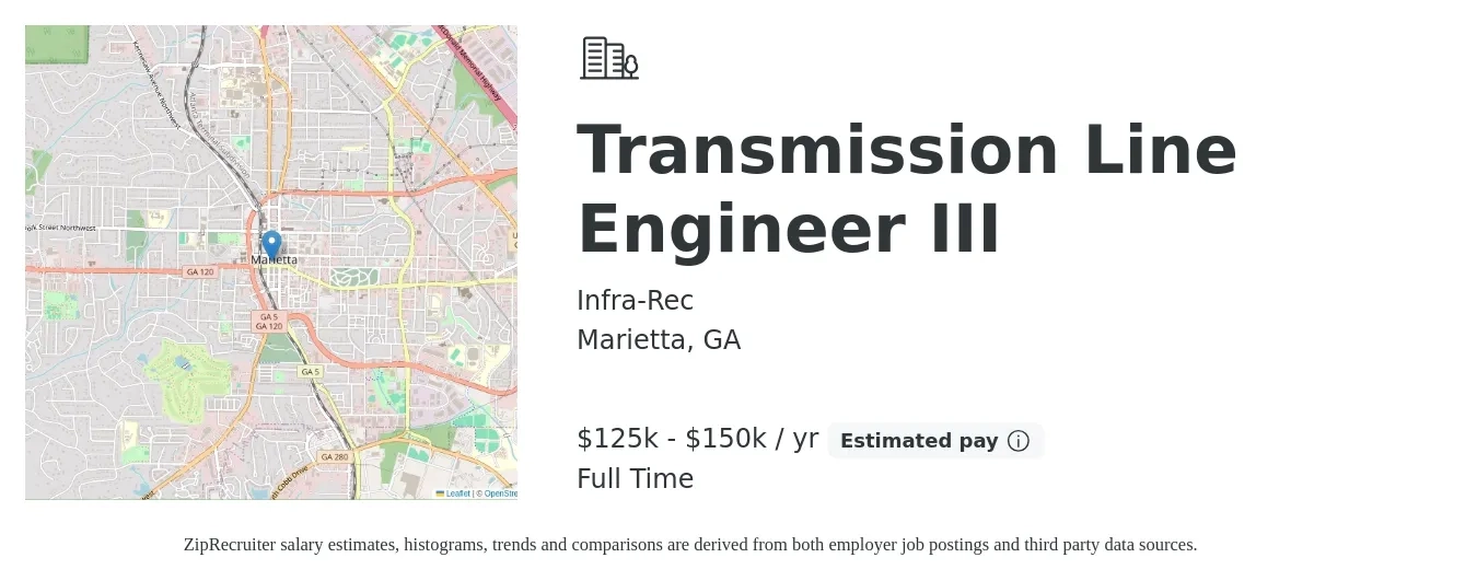 Infra-Rec job posting for a Transmission Line Engineer III in Marietta, GA with a salary of $125,000 to $150,000 Yearly with a map of Marietta location.