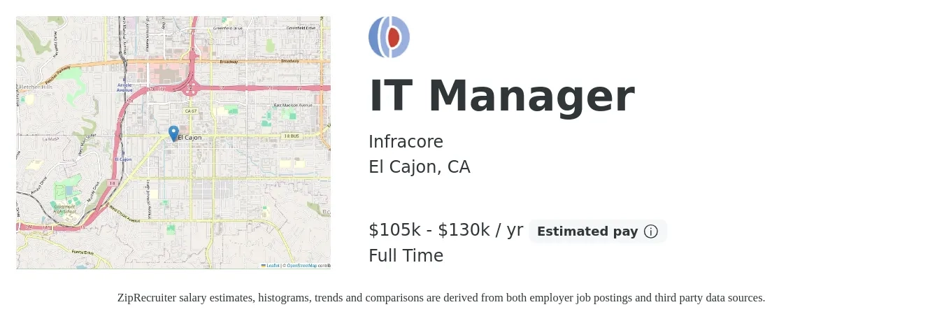 Infracore job posting for a IT Manager in El Cajon, CA with a salary of $105,000 to $130,000 Yearly with a map of El Cajon location.