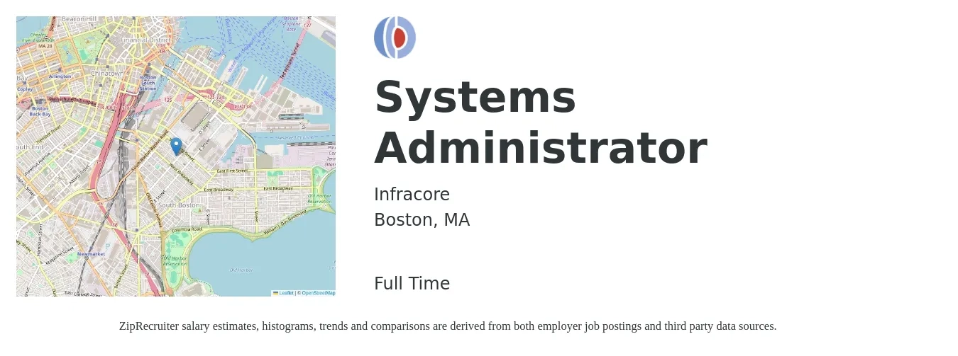 Infracore job posting for a Systems Administrator in Boston, MA with a salary of $76,300 to $113,300 Yearly with a map of Boston location.