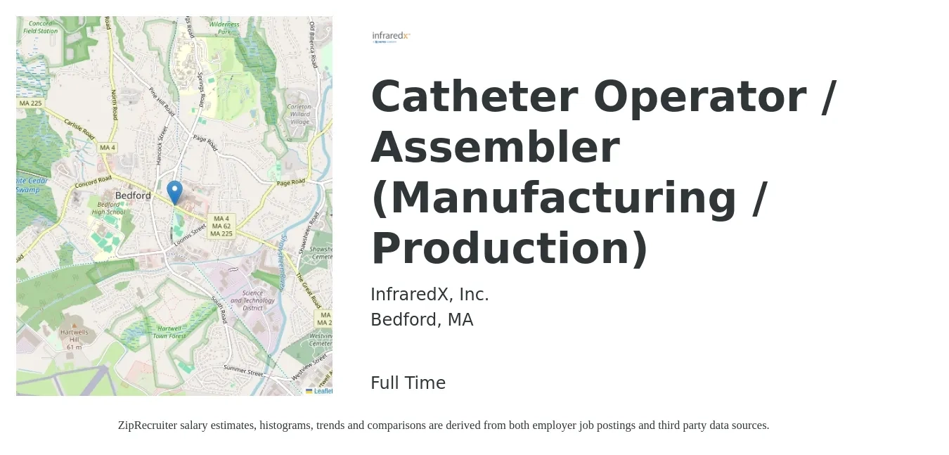 InfraredX, Inc. job posting for a Catheter Operator / Assembler (Manufacturing / Production) in Bedford, MA with a salary of $17 to $21 Hourly with a map of Bedford location.