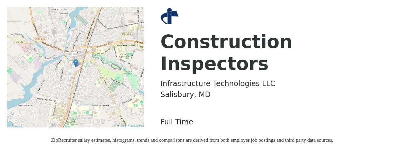 Infrastructure Technologies LLC job posting for a Construction Inspectors in Salisbury, MD with a salary of $22 to $30 Hourly with a map of Salisbury location.