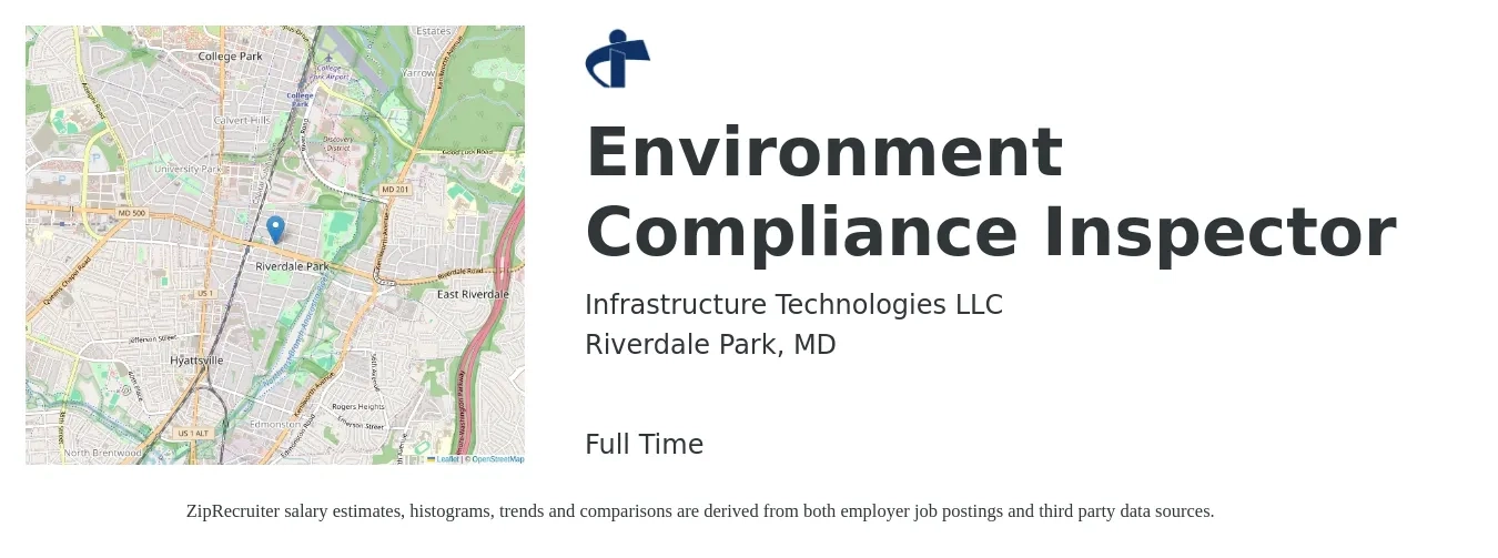 Infrastructure Technologies LLC job posting for a Environment Compliance Inspector in Riverdale Park, MD with a salary of $30 to $40 Hourly with a map of Riverdale Park location.