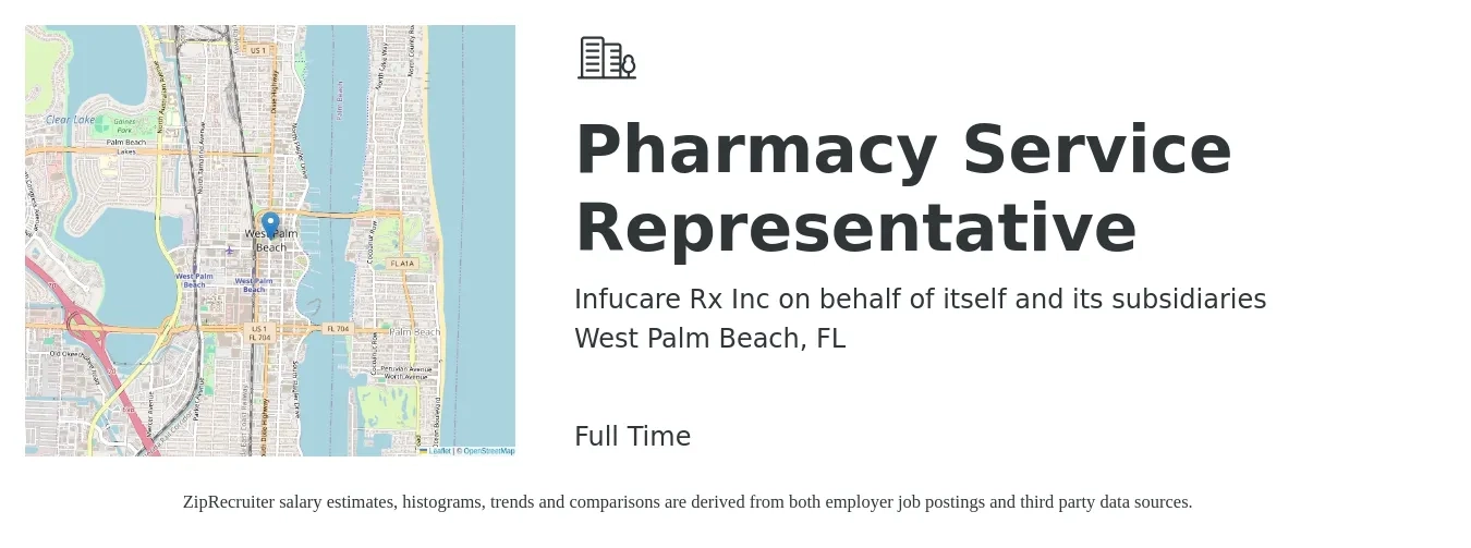 Infucare Rx Inc on behalf of itself and its subsidiaries job posting for a Pharmacy Service Representative in West Palm Beach, FL with a salary of $17 to $19 Hourly with a map of West Palm Beach location.