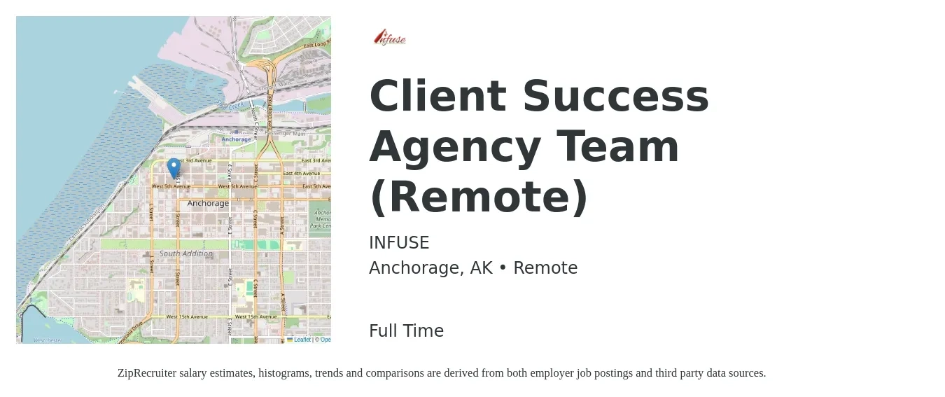 INFUSE job posting for a Client Success Agency Team (Remote) in Anchorage, AK with a salary of $19 to $27 Hourly with a map of Anchorage location.
