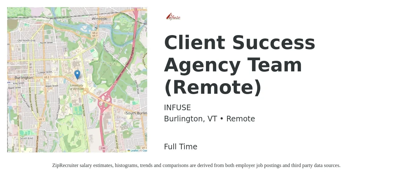 INFUSE job posting for a Client Success Agency Team (Remote) in Burlington, VT with a salary of $18 to $26 Hourly with a map of Burlington location.