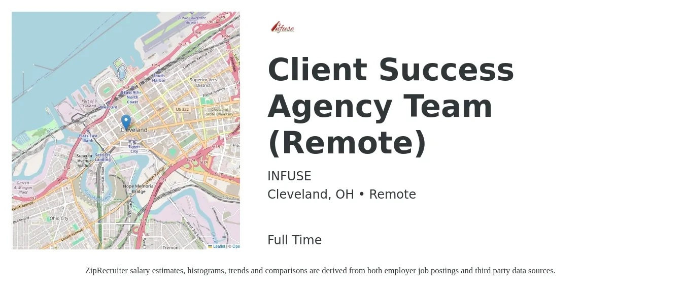 INFUSE job posting for a Client Success Agency Team (Remote) in Cleveland, OH with a salary of $18 to $26 Hourly with a map of Cleveland location.