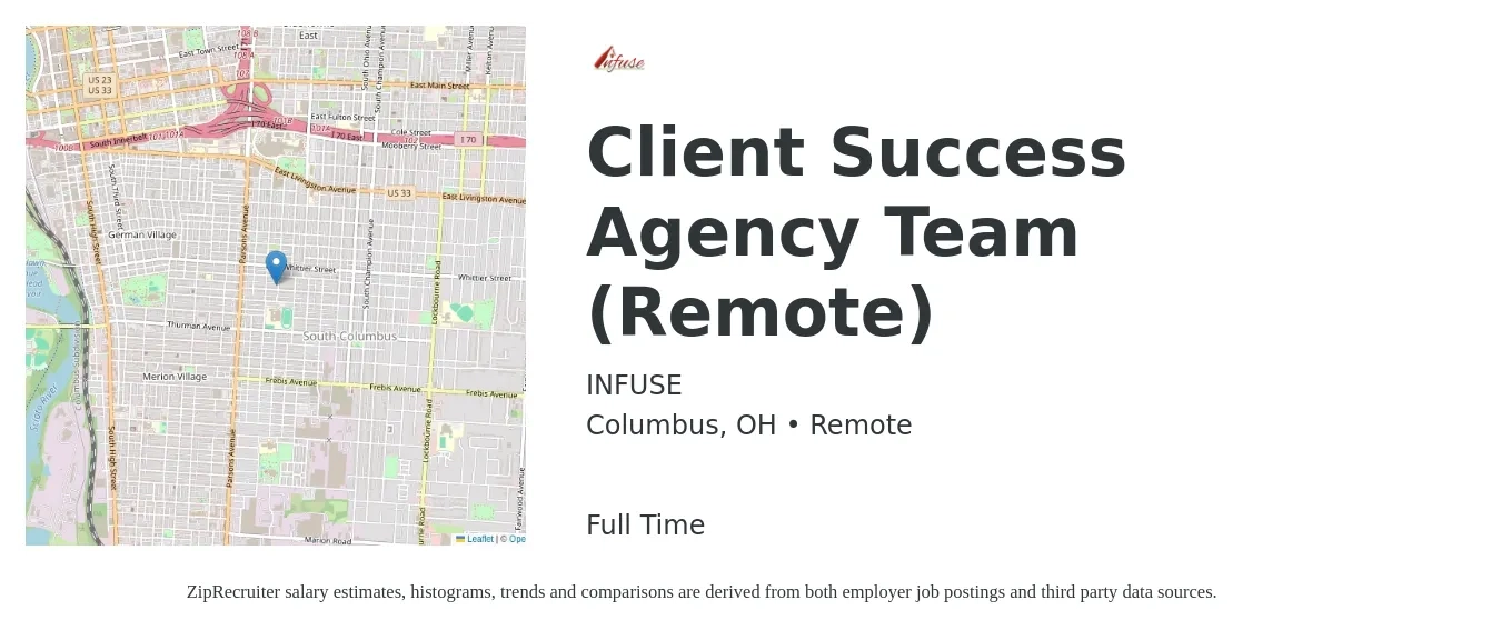 INFUSE job posting for a Client Success Agency Team (Remote) in Columbus, OH with a salary of $18 to $25 Hourly with a map of Columbus location.