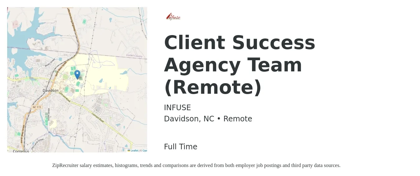 INFUSE job posting for a Client Success Agency Team (Remote) in Davidson, NC with a salary of $17 to $24 Hourly with a map of Davidson location.