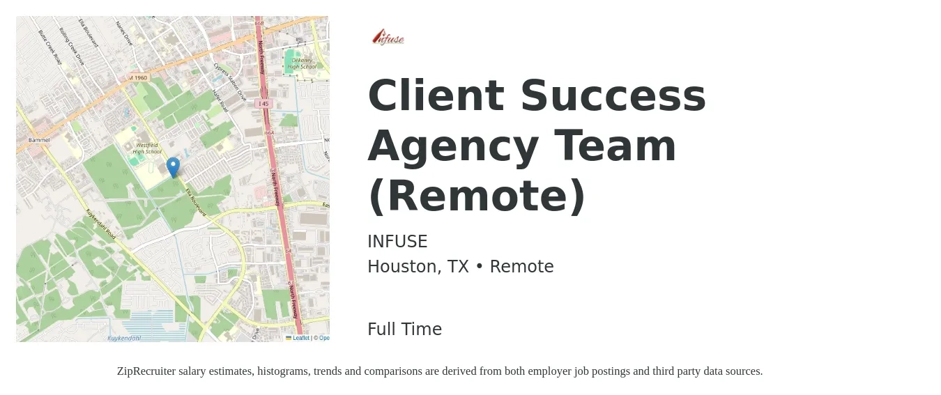 INFUSE job posting for a Client Success Agency Team (Remote) in Houston, TX with a salary of $18 to $25 Hourly with a map of Houston location.