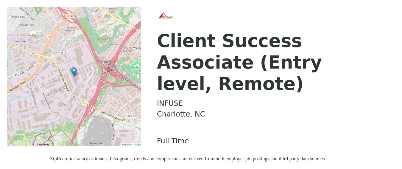 INFUSE job posting for a Client Success Associate (Entry level, Remote) in Charlotte, NC with a salary of $37,100 to $64,000 Yearly with a map of Charlotte location.