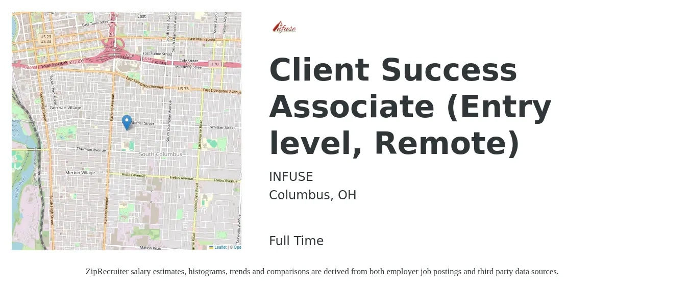 INFUSE job posting for a Client Success Associate (Entry level, Remote) in Columbus, OH with a salary of $36,700 to $63,300 Yearly with a map of Columbus location.