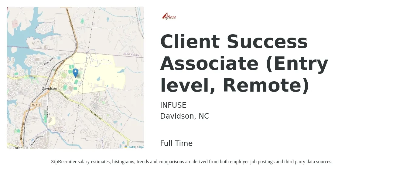 INFUSE job posting for a Client Success Associate (Entry level, Remote) in Davidson, NC with a salary of $35,200 to $60,600 Yearly with a map of Davidson location.