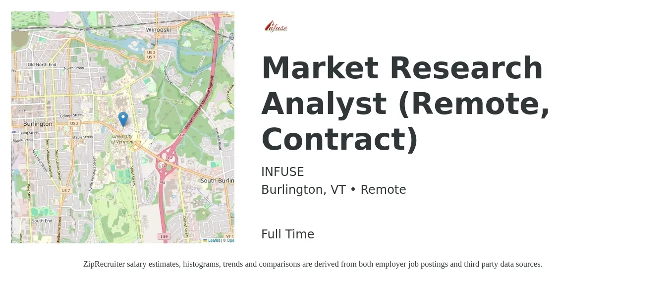 INFUSE job posting for a Market Research Analyst (Remote, Contract) in Burlington, VT with a salary of $55,200 to $88,800 Yearly with a map of Burlington location.