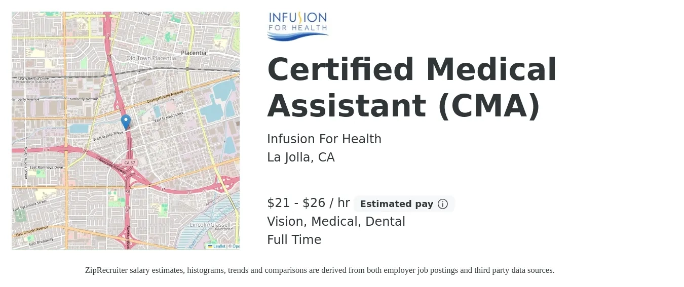 Infusion For Health job posting for a Certified Medical Assistant (CMA) in La Jolla, CA with a salary of $22 to $28 Hourly and benefits including retirement, vision, dental, life_insurance, medical, and pto with a map of La Jolla location.
