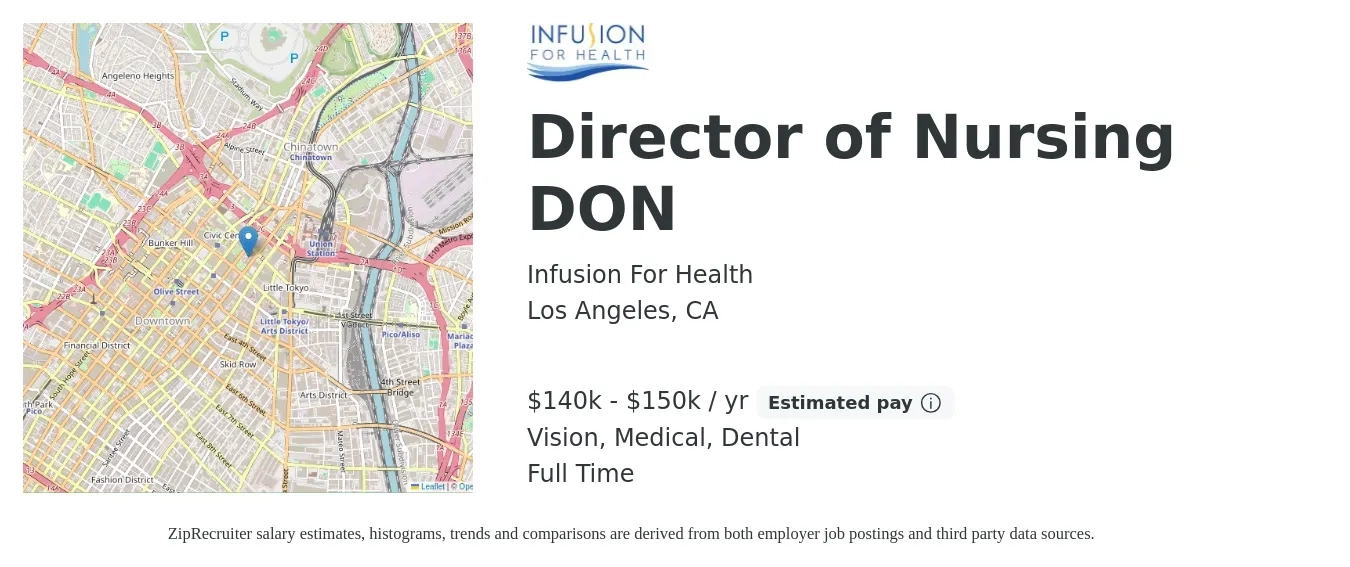 Infusion For Health job posting for a Director of Nursing DON in Los Angeles, CA with a salary of $140,000 to $150,000 Yearly and benefits including pto, retirement, vision, dental, life_insurance, and medical with a map of Los Angeles location.